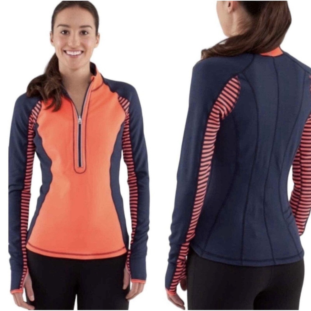 Lululemon Reversible U-Turn‎ Half Zip Pullover Orange Navy Stripe Jacket Sz M?